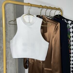 New Express White High Neck Mesh Sleeveless Cropped Cutout Top